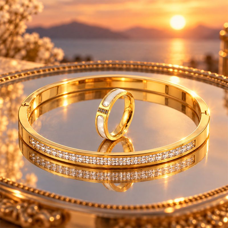 Women's 2pc Grooved Hand Bracelet and Ring Set